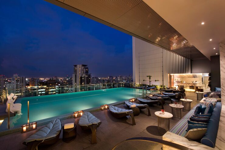 Rooftop swimming pool deck, representative of a residential amenity space