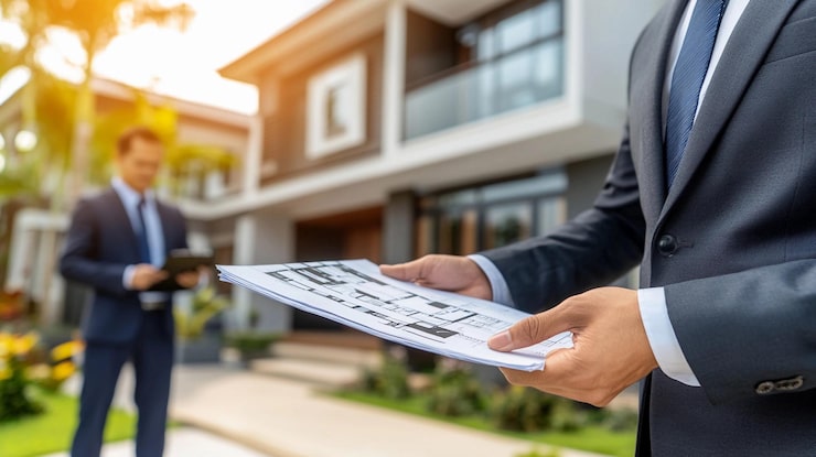 Representative image of a buyer reviewing floor plans outside a residential building